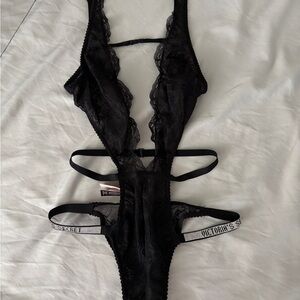 Victoria's Secret Black Lace Strappy Crotchless Bodysuit